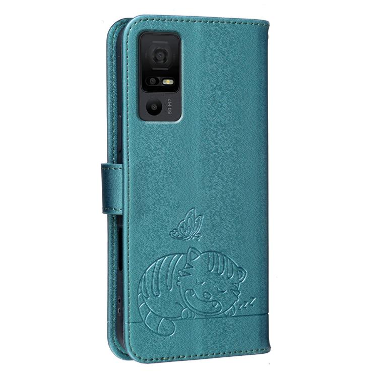 For TCL 40 NXTpaper 5G Cat Butterfly Embossed RFID Vegan Leather Phone Case with Strap