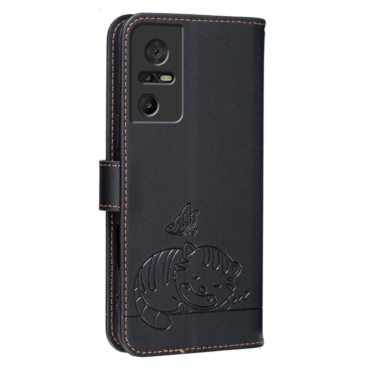 For TCL 40 SE Cat Butterfly Embossed RFID Vegan Leather Phone Case with Strap