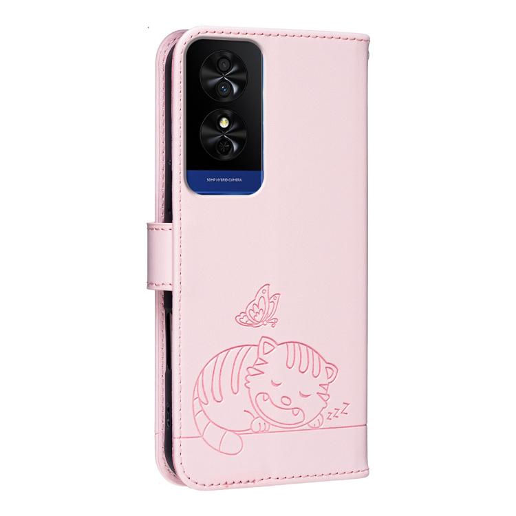 For TCL 50 Cat Butterfly Embossed RFID Vegan Leather Phone Case with Strap
