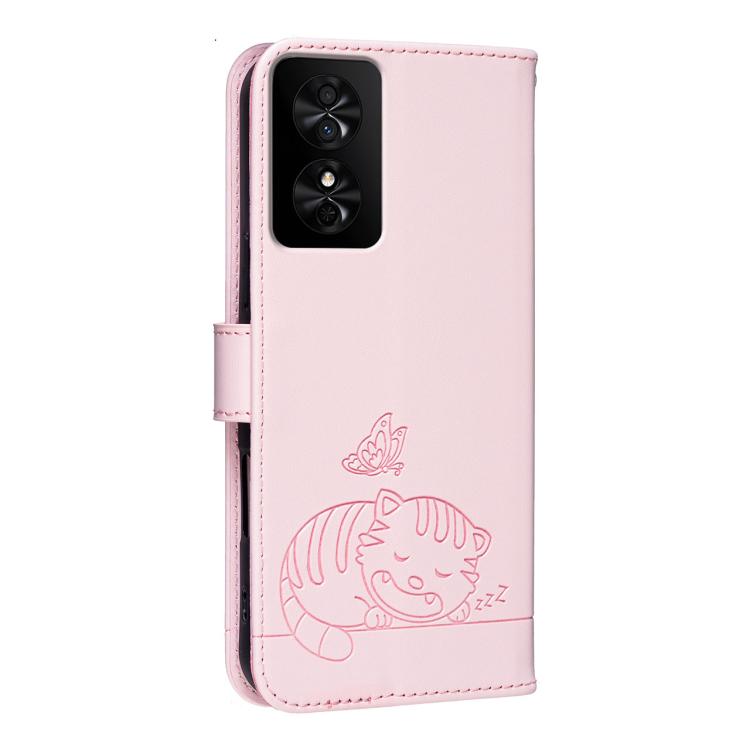 For TCL 50 SE Cat Butterfly Embossed RFID Vegan Leather Phone Case with Strap