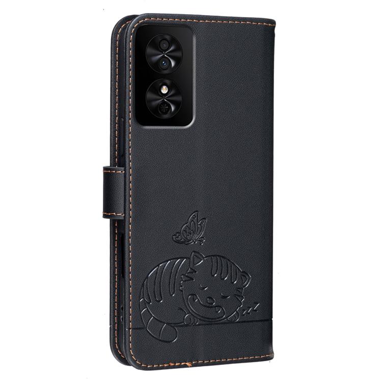 For TCL 50 SE Cat Butterfly Embossed RFID Vegan Leather Phone Case with Strap