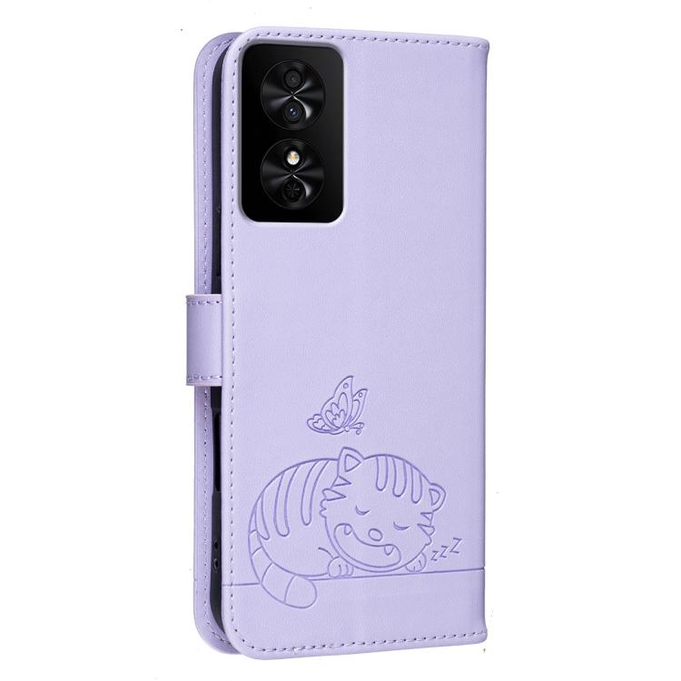 For TCL 50 SE Cat Butterfly Embossed RFID Vegan Leather Phone Case with Strap