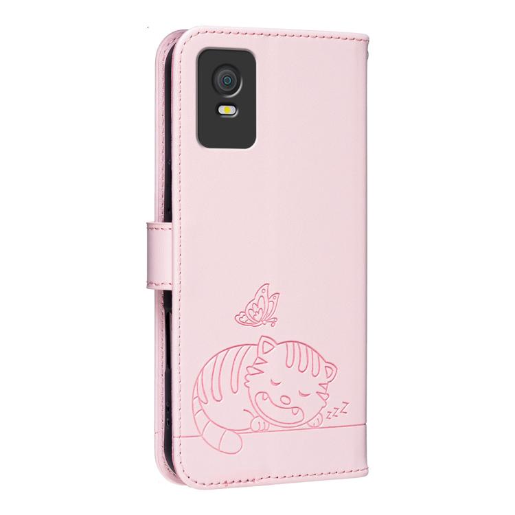 For TCL 403 Cat Butterfly Embossed RFID Vegan Leather Phone Case with Strap