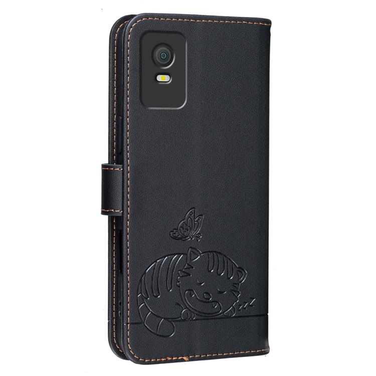 For TCL 403 Cat Butterfly Embossed RFID Vegan Leather Phone Case with Strap