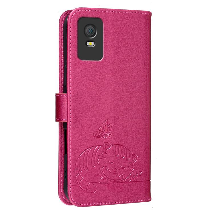 For TCL 403 Cat Butterfly Embossed RFID Vegan Leather Phone Case with Strap