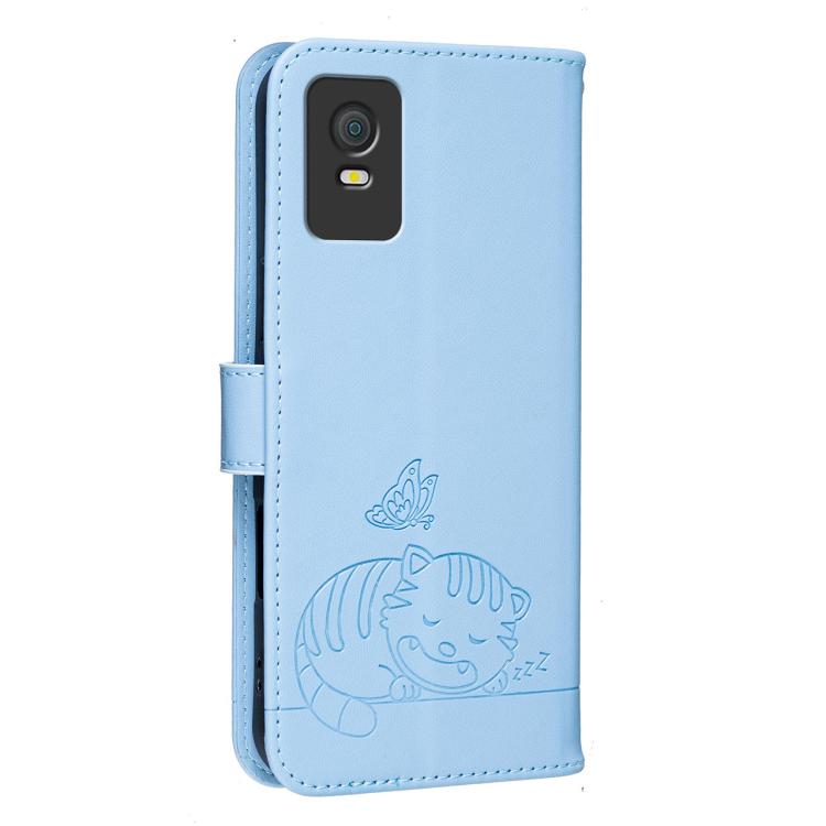 For TCL 403 Cat Butterfly Embossed RFID Vegan Leather Phone Case with Strap