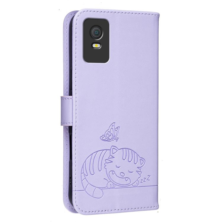 For TCL 403 Cat Butterfly Embossed RFID Vegan Leather Phone Case with Strap
