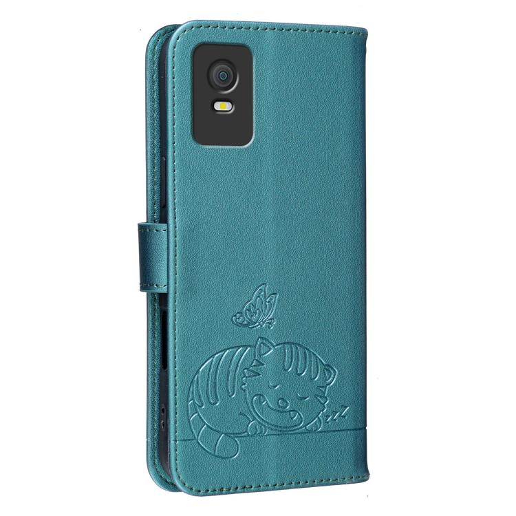 For TCL 403 Cat Butterfly Embossed RFID Vegan Leather Phone Case with Strap