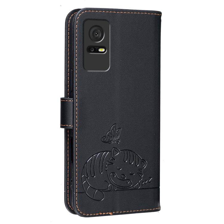 For TCL 408 Cat Butterfly Embossed RFID Vegan Leather Phone Case with Strap
