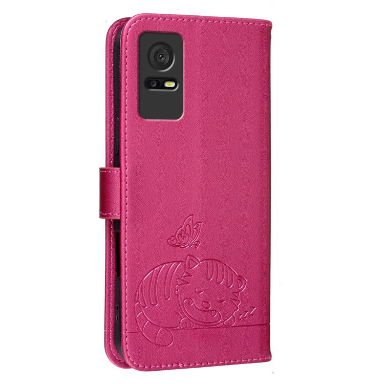 For TCL 408 Cat Butterfly Embossed RFID Vegan Leather Phone Case with Strap