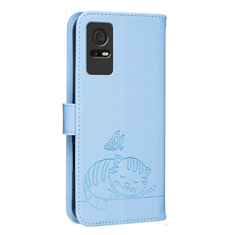For TCL 408 Cat Butterfly Embossed RFID Vegan Leather Phone Case with Strap