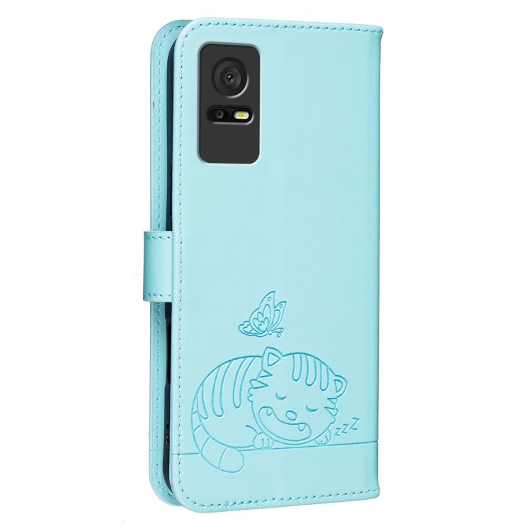 For TCL 408 Cat Butterfly Embossed RFID Vegan Leather Phone Case with Strap