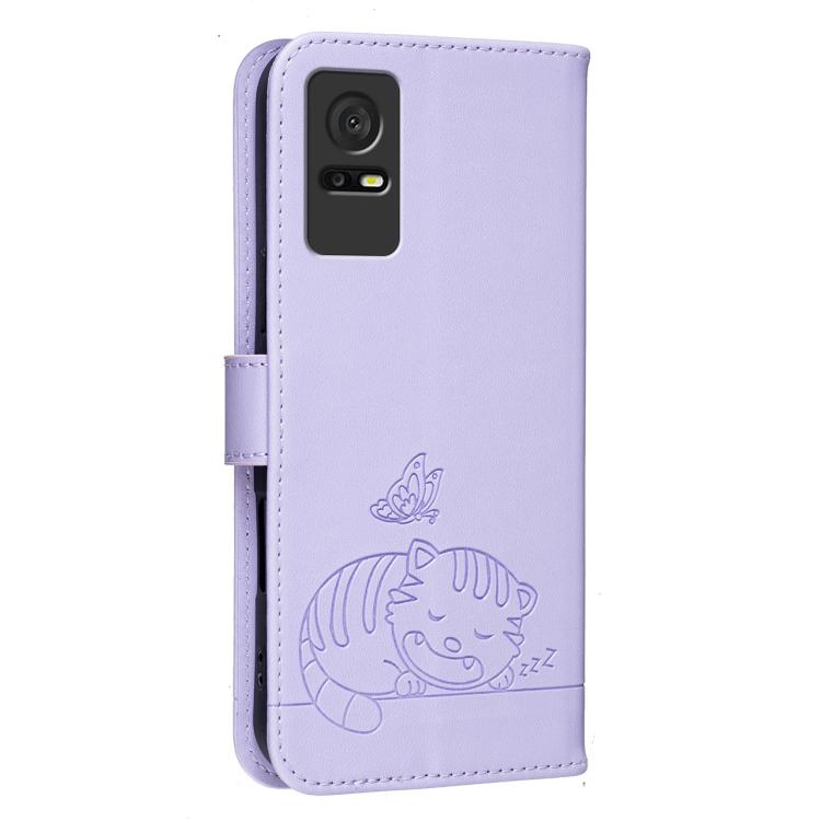 For TCL 408 Cat Butterfly Embossed RFID Vegan Leather Phone Case with Strap