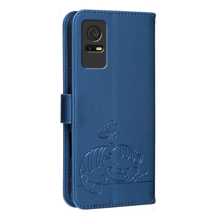 For TCL 408 Cat Butterfly Embossed RFID Vegan Leather Phone Case with Strap