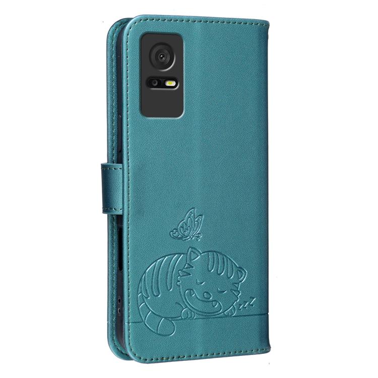 For TCL 408 Cat Butterfly Embossed RFID Vegan Leather Phone Case with Strap