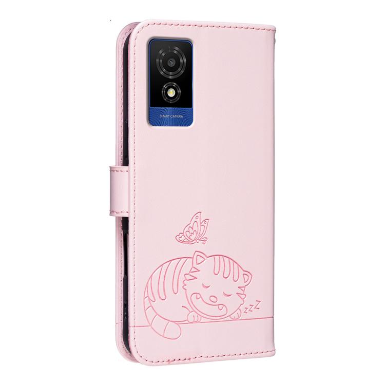 For TCL 501 Cat Butterfly Embossed RFID Vegan Leather Phone Case with Strap