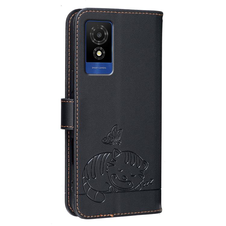 For TCL 501 Cat Butterfly Embossed RFID Vegan Leather Phone Case with Strap