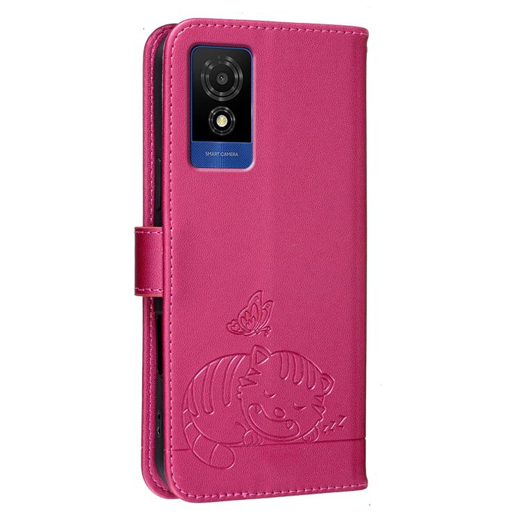 For TCL 501 Cat Butterfly Embossed RFID Vegan Leather Phone Case with Strap