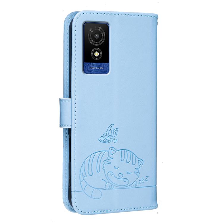For TCL 501 Cat Butterfly Embossed RFID Vegan Leather Phone Case with Strap