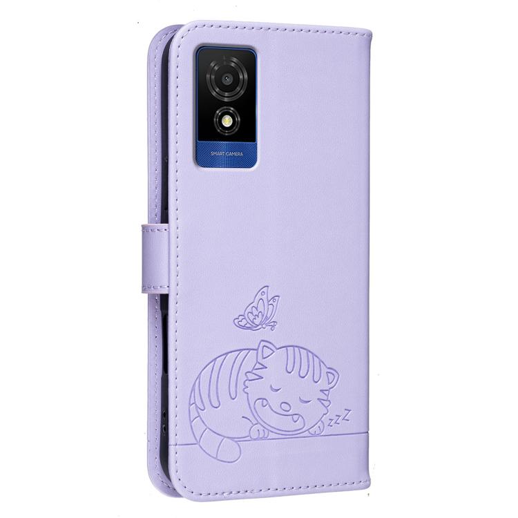 For TCL 501 Cat Butterfly Embossed RFID Vegan Leather Phone Case with Strap