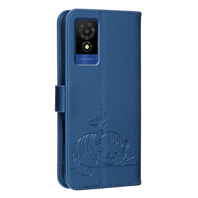 For TCL 501 Cat Butterfly Embossed RFID Vegan Leather Phone Case with Strap