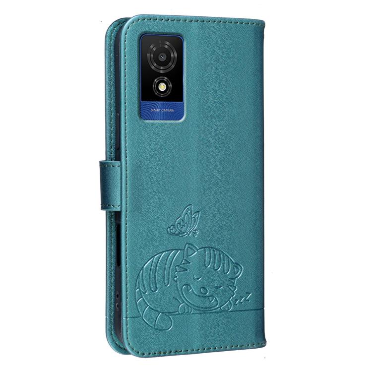 For TCL 501 Cat Butterfly Embossed RFID Vegan Leather Phone Case with Strap