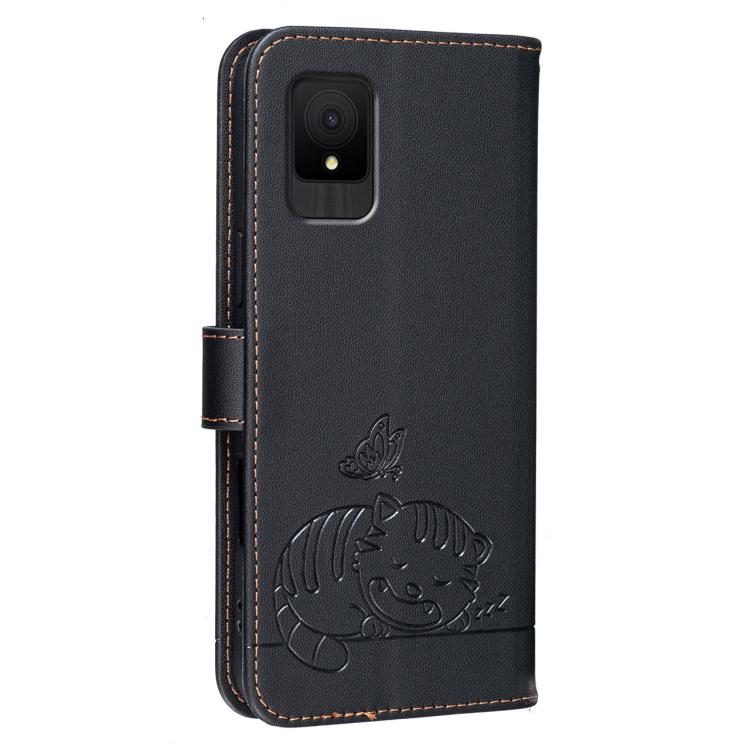 For TCL 502 Cat Butterfly Embossed RFID Vegan Leather Phone Case with Strap