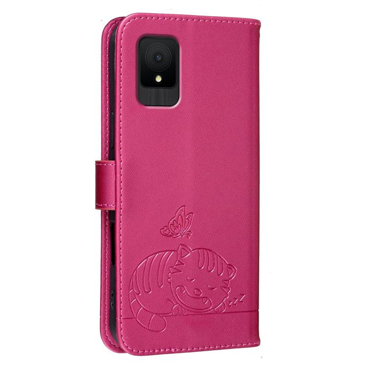 For TCL 502 Cat Butterfly Embossed RFID Vegan Leather Phone Case with Strap