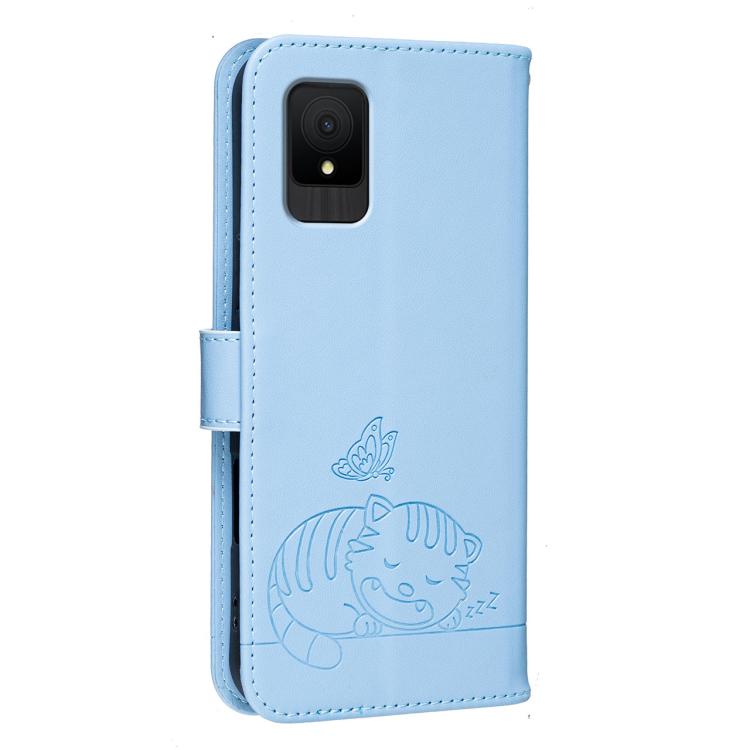 For TCL 502 Cat Butterfly Embossed RFID Vegan Leather Phone Case with Strap