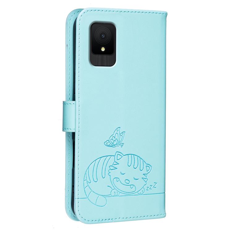 For TCL 502 Cat Butterfly Embossed RFID Vegan Leather Phone Case with Strap