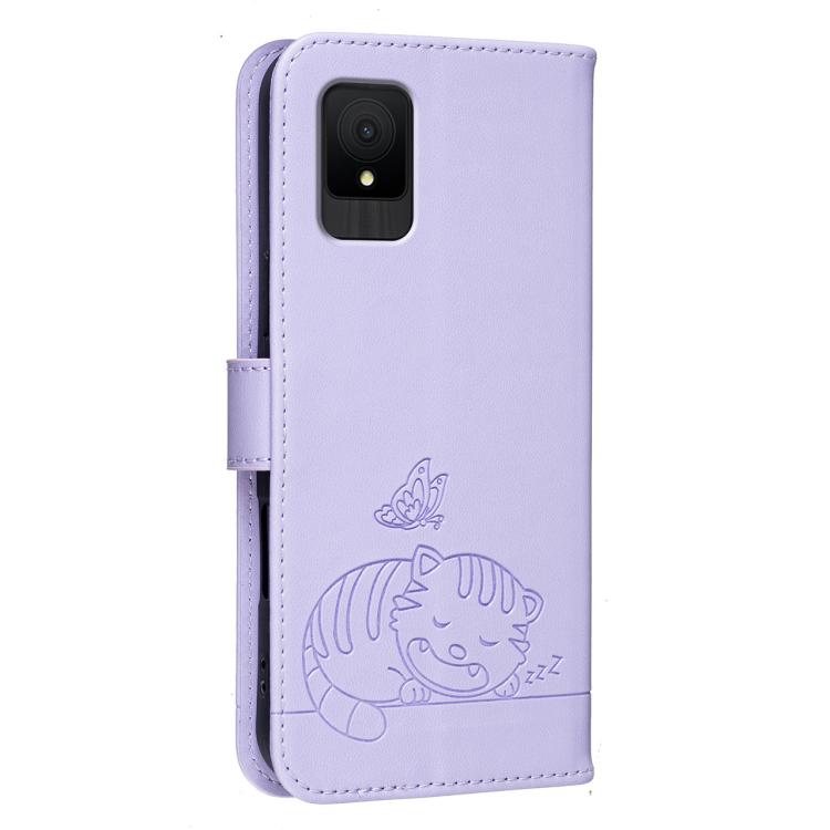 For TCL 502 Cat Butterfly Embossed RFID Vegan Leather Phone Case with Strap