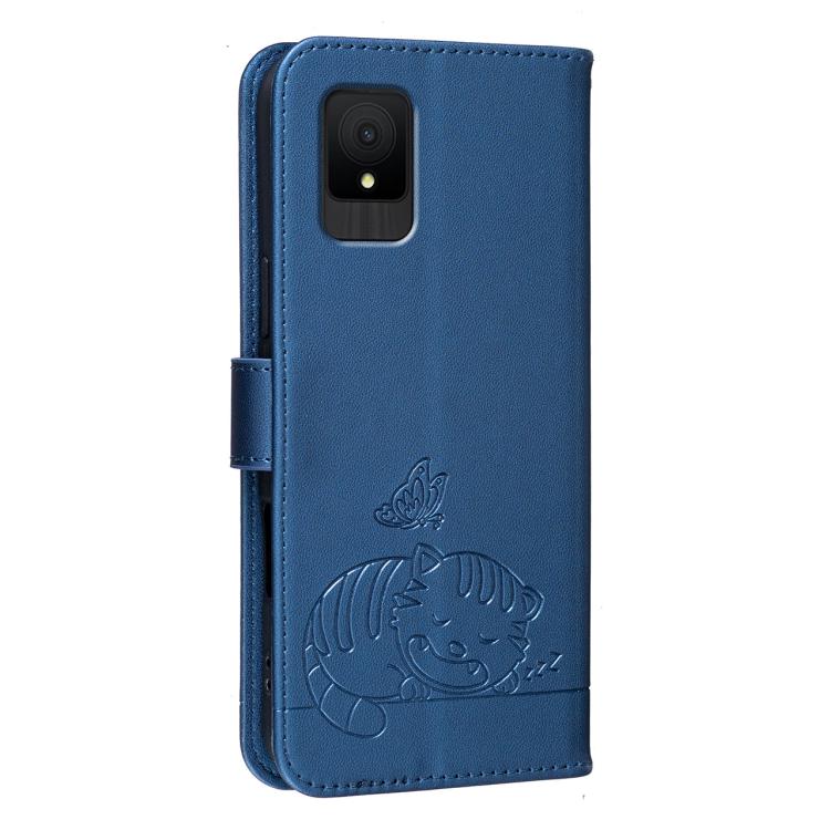 For TCL 502 Cat Butterfly Embossed RFID Vegan Leather Phone Case with Strap