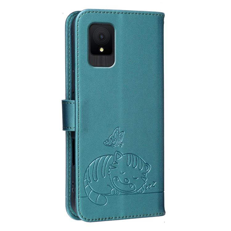 For TCL 502 Cat Butterfly Embossed RFID Vegan Leather Phone Case with Strap