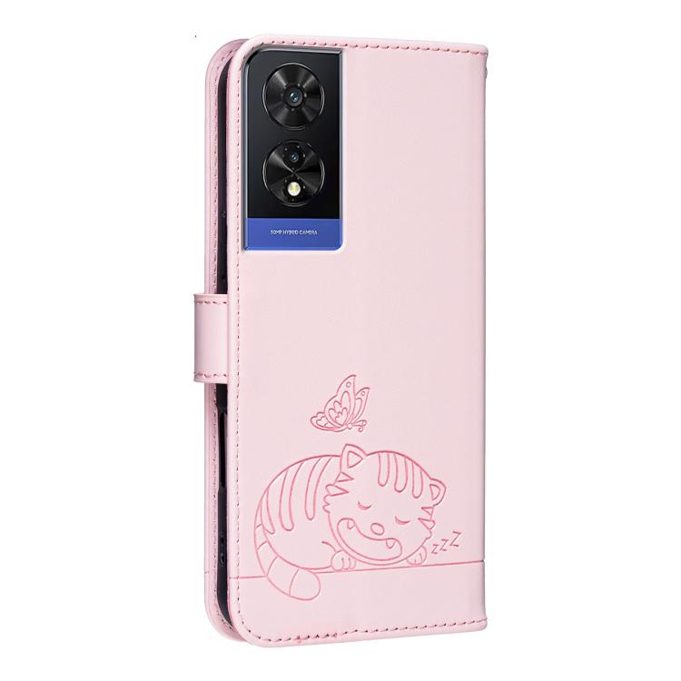 For TCL 505 Cat Butterfly Embossed RFID Vegan Leather Phone Case with Strap