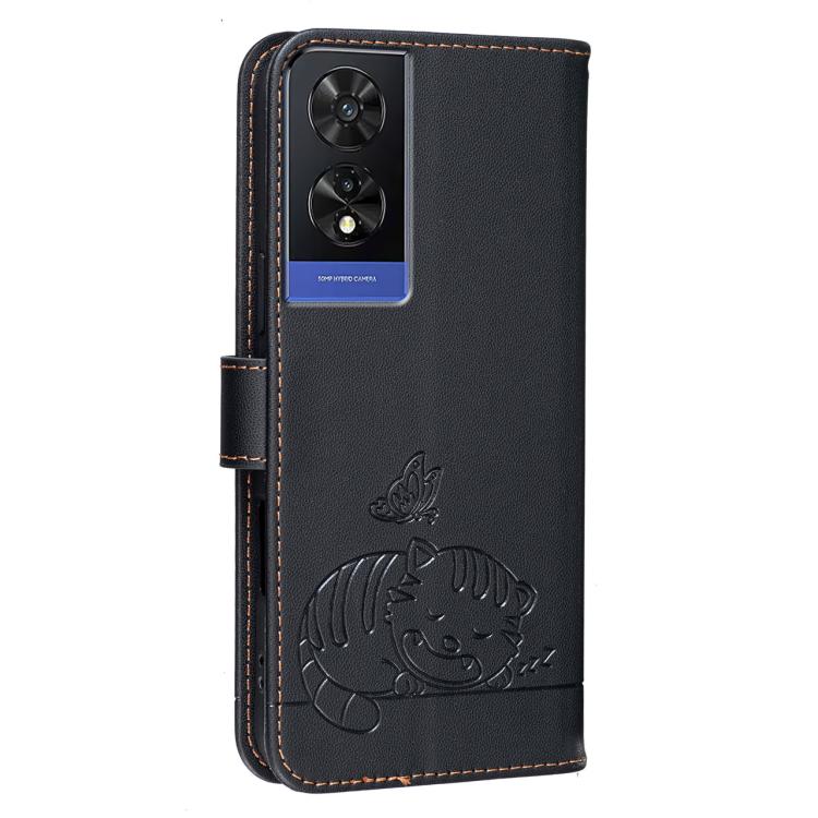 For TCL 505 Cat Butterfly Embossed RFID Vegan Leather Phone Case with Strap