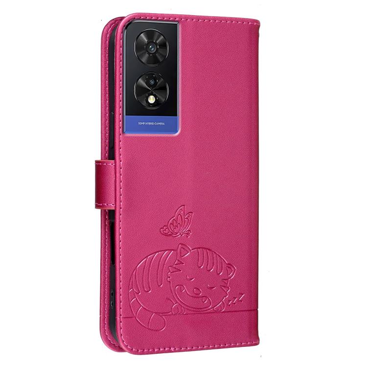 For TCL 505 Cat Butterfly Embossed RFID Vegan Leather Phone Case with Strap