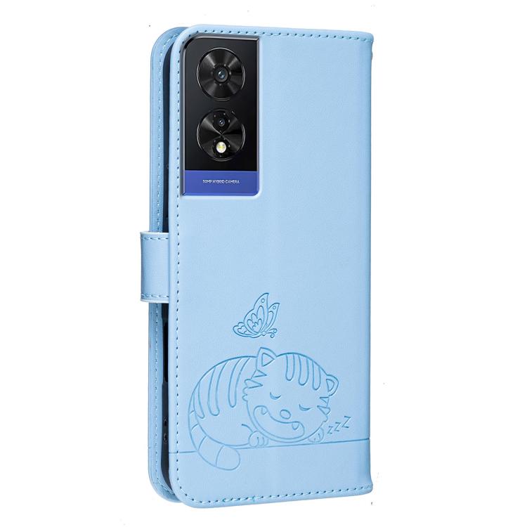 For TCL 505 Cat Butterfly Embossed RFID Vegan Leather Phone Case with Strap