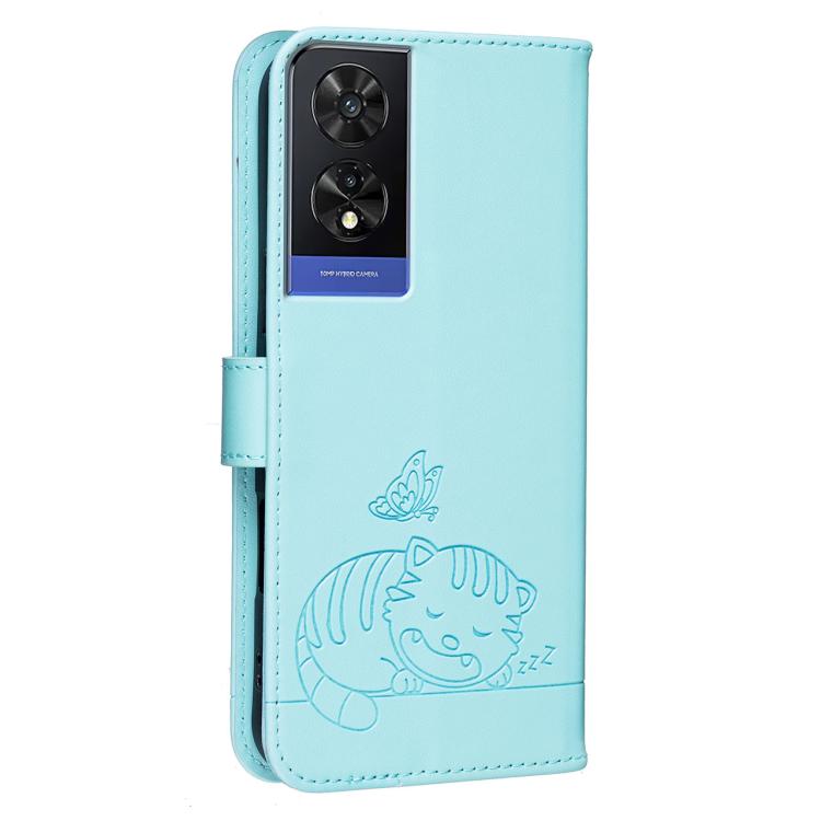For TCL 505 Cat Butterfly Embossed RFID Vegan Leather Phone Case with Strap