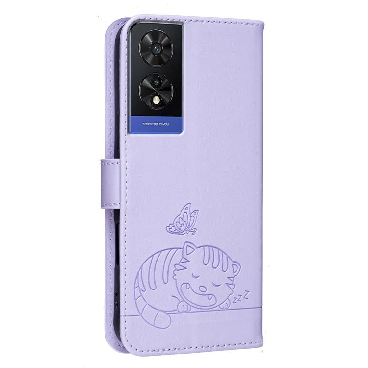 For TCL 505 Cat Butterfly Embossed RFID Vegan Leather Phone Case with Strap