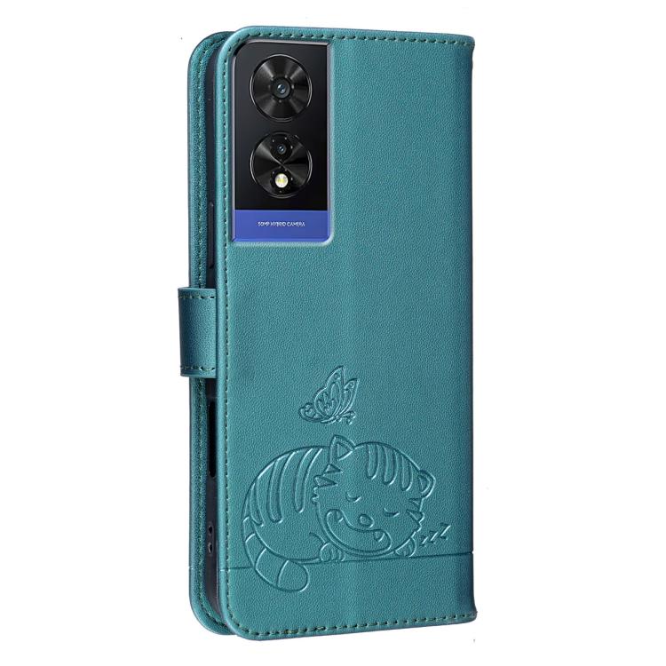 For TCL 505 Cat Butterfly Embossed RFID Vegan Leather Phone Case with Strap