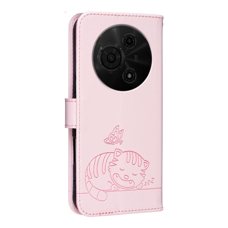 For TCL 605 Cat Butterfly Embossed RFID Vegan Leather Phone Case with Strap