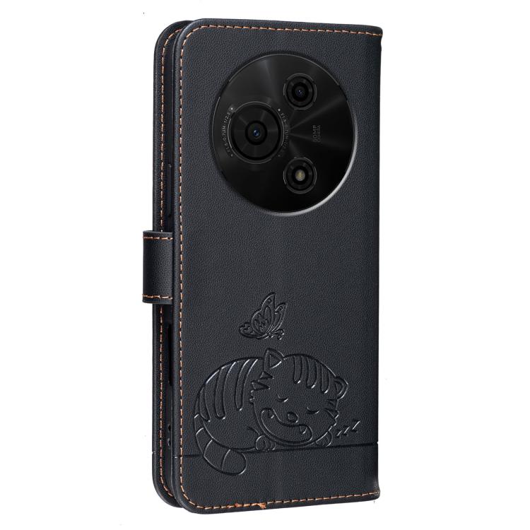 For TCL 605 Cat Butterfly Embossed RFID Vegan Leather Phone Case with Strap