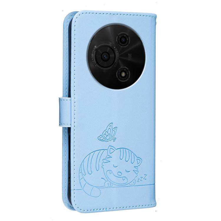 For TCL 605 Cat Butterfly Embossed RFID Vegan Leather Phone Case with Strap