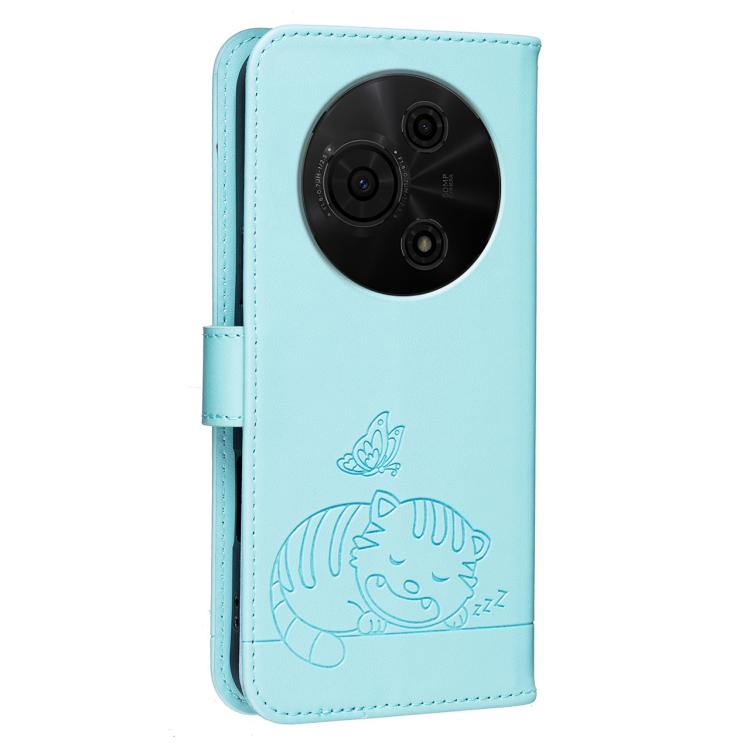 For TCL 605 Cat Butterfly Embossed RFID Vegan Leather Phone Case with Strap