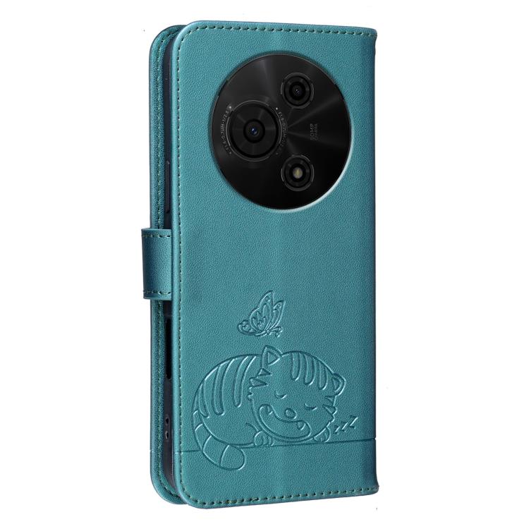 For TCL 605 Cat Butterfly Embossed RFID Vegan Leather Phone Case with Strap