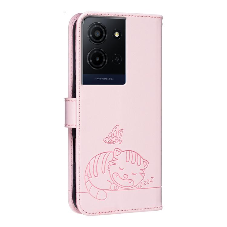 For TCL K33 5G Cat Butterfly Embossed RFID Vegan Leather Phone Case with Strap