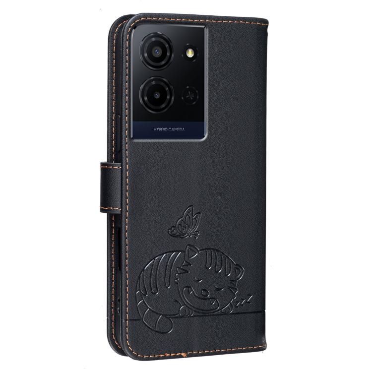 For TCL K33 5G Cat Butterfly Embossed RFID Vegan Leather Phone Case with Strap