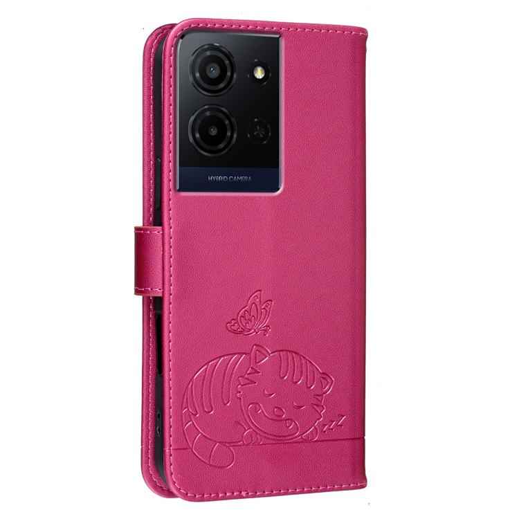 For TCL K33 5G Cat Butterfly Embossed RFID Vegan Leather Phone Case with Strap