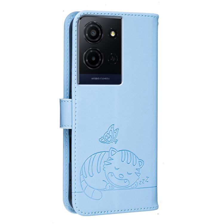For TCL K33 5G Cat Butterfly Embossed RFID Vegan Leather Phone Case with Strap