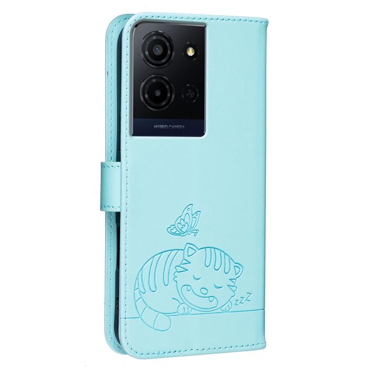 For TCL K33 5G Cat Butterfly Embossed RFID Vegan Leather Phone Case with Strap
